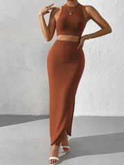Solid Slim Two-piece Skirt Set, Crop Tank Top & High Split Bodycon Skirt Outfits, Women's Clothing
