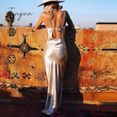 Ingvn - Summer Dresses For Women Sexy Spaghetti Strap Backless Summer Dress Women Satin Lace Up Trumpet Long Dress Elegant Bodycon Party Dresses