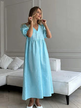 Ingvn Casual Loose Women V-neck Short Sleeve High Waist Blue Long Dresses Female Elegant Solid Holiday Party Dress Streetwear