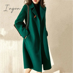 Ingvn - Women Elegant Retro Wool Coat with Belt Winter Warm Overcoat Outwear Plus Size Female Korean High Quality Green Blends Coat