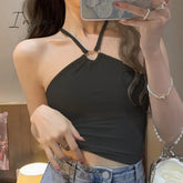 Ingvn - Sexy Camis Tank Top for Women Spring 2023 New Sleeveless Neck Mounted Backless Slim Tanks Fashion Solid Casual Crop Top