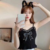 Summer Lace Bow Camisole for Women Pleated Crop Tops Vintage Clothes Harajuku Solid Sexy Ladies Sweet Elegant Camisole