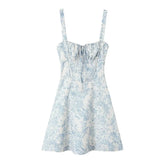 New Women French Style Floral Print Sling Short Dress Lace Up Bandage Back A-line Summer Dress Holiday Robe