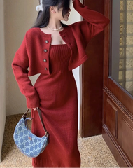 Elegant Red Knitting Dress Women Korean Fashion Office Lady Two Piece Dress Female Winter Warm Casual Christmas Party Dress