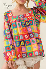 Ingvn - Casual Print Contrast Square Collar Tops