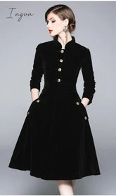 Ingvn - Women Autumn & Winter Elegant Velvet Dress Festa High Quality Vintage Party Robe Femme A-Line Designer Black Vestidos