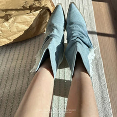 Ingvn Pointed Toe Denim Women Western Cowboy Boots Fashion Slip On Short Booties Retro Style Autumn Winter Female Shoes