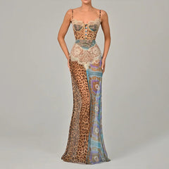 Leopard Print Sexy Maxi Dress For Women Lace Gown Patchwork Chiffon Sleeveless Backless Slit Dress Female Vacation Beach Dresses