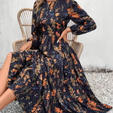 Floral Print Crew Neck Dress, Elegant Long Sleeve A-line Dress For Spring & Fall, Women's Clothing