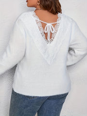 Lace Stitching Crew Neck Fuzzy Sweater, Casual Tied Back Long Sleeve Pullover Sweater, Women's Clothing