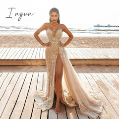Ingvn - Wedding Party Dress Female Evening Elegant Sexy Deep V Neck Spaghetti Strap Sleeveless Sequined Long Maxi Dresses For Women