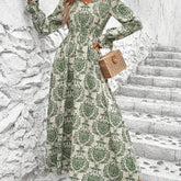 Paisley Print V Neck A-line Dress, Elegant Cinched Long Lantern Sleeve Dress For Spring & Fall, Women's Clothing