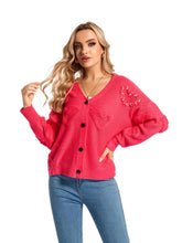 Beaded Heart Pattern Knit Cardigan, Casual Button Down Long Sleeve Sweater, Women's Clothing