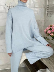 Ingvn - Autumn Winter 2 Pieces Women Sets Knitted Tracksuit Turtleneck Sweater and Wide Leg Jogging Pants Pullover Suit New