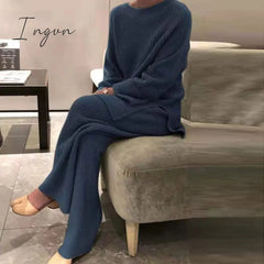 Ingvn - New Fashion Homewear Women Soft 2 Piece Set Autumn Winter Solid O Neck Pullover Tops Knitted Pants Elegant Lady Pajama Home Suit