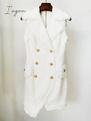 Ingvn - HIGH QUALITY Newest 2023 Fall Winter Designer Fashion Women Sleeveless Fringed Tweed Notched Lapel Asymmetrical Dress
