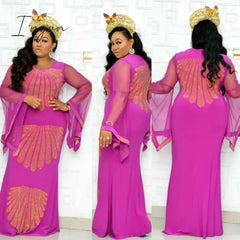Ingvn - African mom dress fashion gauze horn sleeve hot diamond hip-covered fish tail large size stretch dress