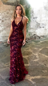 Women's Dress Strap V-Neck Backless Sequin Lace-up Dress