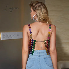 Ingvn - Leqoel Women Sequined Tank Tops for Women Fashion Female Clothing Shiny Metal Shoulder Strap Sexy Backless Mesh Crop Top