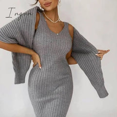 Ingvn - Women Elegant Slim Two Piece Sets Female Sweater Dress Autumn Winter High Waist Knitted Ensemble Femme Medium Long Party Dresses