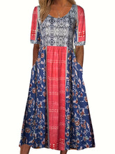 Plus Size Boho Charm - Vibrant Colorblock Floral Maxi Dress with Short Sleeves, Pockets & Flattering Round Neck - Medium Stretch for All-Day Comfort - Womens Plus