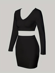 Two-piece Set, Long Sleeve V Neck Crop Tops & Bag Hip Skirts Outfits, Solid Sexy Women's Clothing