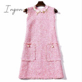 Ingvn - Trends 2023 high quality Brand Dress Sweet Diamonds Bead Pink Dress Robe Hiver Autumn Tweed Woolen Women Dress vestidos Robe Femme Jurken 2698