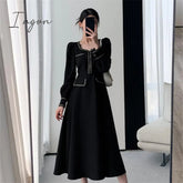 Ingvn - Fashion Black Dress Women Autumn Long Sleeve Mididress Ladies Square Neck French Retro Skinny Slim Elegant Evening Dresses