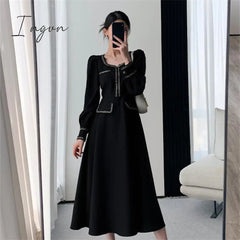 Ingvn - Fashion Black Dress Women Autumn Long Sleeve Mididress Ladies Square Neck French Retro Skinny Slim Elegant Evening Dresses