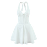 Sexy Deep V Halter White Mini Dress Women Fashion Backless A-line Elegant Party Dresses Summer Robe Lace Up Vestidos