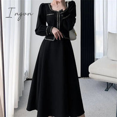 Ingvn - Fashion Black Dress Women Autumn Long Sleeve Mididress Ladies Square Neck French Retro Skinny Slim Elegant Evening Dresses