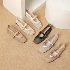 Fashion Square Toe Mesh Ballet Flats Buckle Strap Mary Janes Breathable Hollow Out Single Shoes Female Flat Bottom Casual Shoes