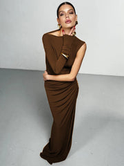 Skew Collar One Sleeve Sexy Maxi Dress For Women Gown Fashion Solid Thigh High Split Ruched Bodycon Club Long Dress