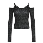 Leopard Print Black T Shirt Women Lace Patchwork Full Sleeve Tee y2k Chic Off-shoulder Cropped Top Vintage 2000s Clothing