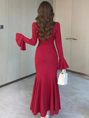 Korean Sexy Mermaid Dress for Women V-Neck Flare Long Sleeves Ruffles Party Dresses Autumn Female Slim Waist Vestidos Long Robe