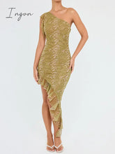 Ingvn - Elegant Ruffle Print Midi Dress For Women Diagonal Collar Sleeveless Backless Irregular Club Party Sexy Dress Vestidos