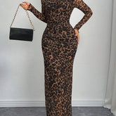 Women'S Elegant Leopard Print Sheer Tulle Long Sleeve Dress, Crew Neck Knit Polyester Spandex Blend, All-Season Tunic with Lining, 95% Polyester 5% Spandex, 92gsm Fabric Weight, 140gsm Lining Weight