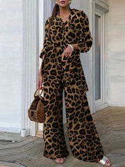 Two-piece Set, Leopard Print Button Front Long Sleeve Shirt & Wide Leg Pants Outfits, Women's Casual Clothing