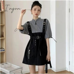 Ingvn - Retro Vintage Women Gothic Girls Punk Mini Dress High Waist Long Sleeve Hat Collar Sexy Gry Black Lolita Plus Size Jurken