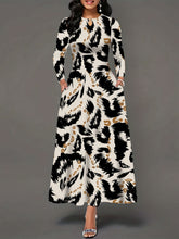Stylish Women's Long Sleeve Maxi Dress with Pockets - Elegant Leopard Print, Crew Neck, Stretchy Polyester Blend for Fall/Winter