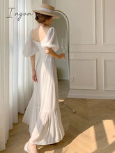Ingvn - Women Dress 2023 Summer French Elegant Temperament Seaside Vacation Clothes Puff Sleeve Square Neck White Beach Dresses