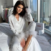 Ingvn - Trendy Women Pajamas Set Autumn Casual Lapel Tops + Feather Pants Suits Sexy Lingerie Nightwear Silk Satin Pyjamas pjs Suit 2Pcs