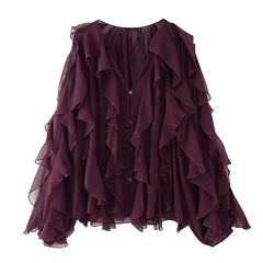 New Women Sexy Semi-sheer Ruffle Shirt Long Sleeve V Neck Front Button Spring Blouse Burgundy Blusas Mujer