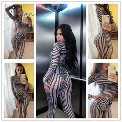 Ingvn - Autumn Mesh Zebra Striped Sets Women 2 Piece Suit T-shirt + Long Pants See-through Sexy Co-ord Set Female Tracksuit Costume