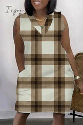 Ingvn - Light Coffee Casual Print Patchwork V Neck Sleeveless Dress Dresses