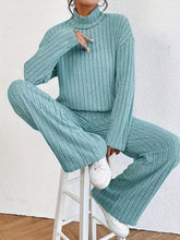 Ribbed Mock Neck Two-piece Set - Cozy Long Sleeve T-shirt with Ribbed Mock Neck Design, Flattering Wide Leg Pants for a Comfortable Fit, Effortless Casual Style - Perfect for Womens Everyday Wear, Ideal Outfits for Daily Life