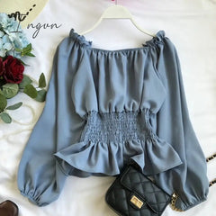 Ingvn - Youth Elegant Blouse Women Chiffon Fashion Blouse Off Shoulder White Shirt Ruffle Puff Sleeve Top Office wear
