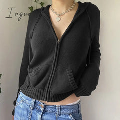 Ingvn - Women’s Full Zip Knit Hoodies Casual Sweaters Solid Color Long Sleeve Drawstring Sweatshirts Cardigan Zip-up Y2K Clothing