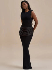 Sleeveless Ruched Sexy Maxi Dress For Women Gown Fashion Black O Neck High Waist Bodycon Club Party Long Dress Vestido