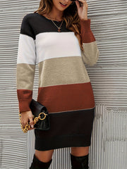 Long Sleeve Casual Color Block Simple Dress, Women's Crew Neck Clothing